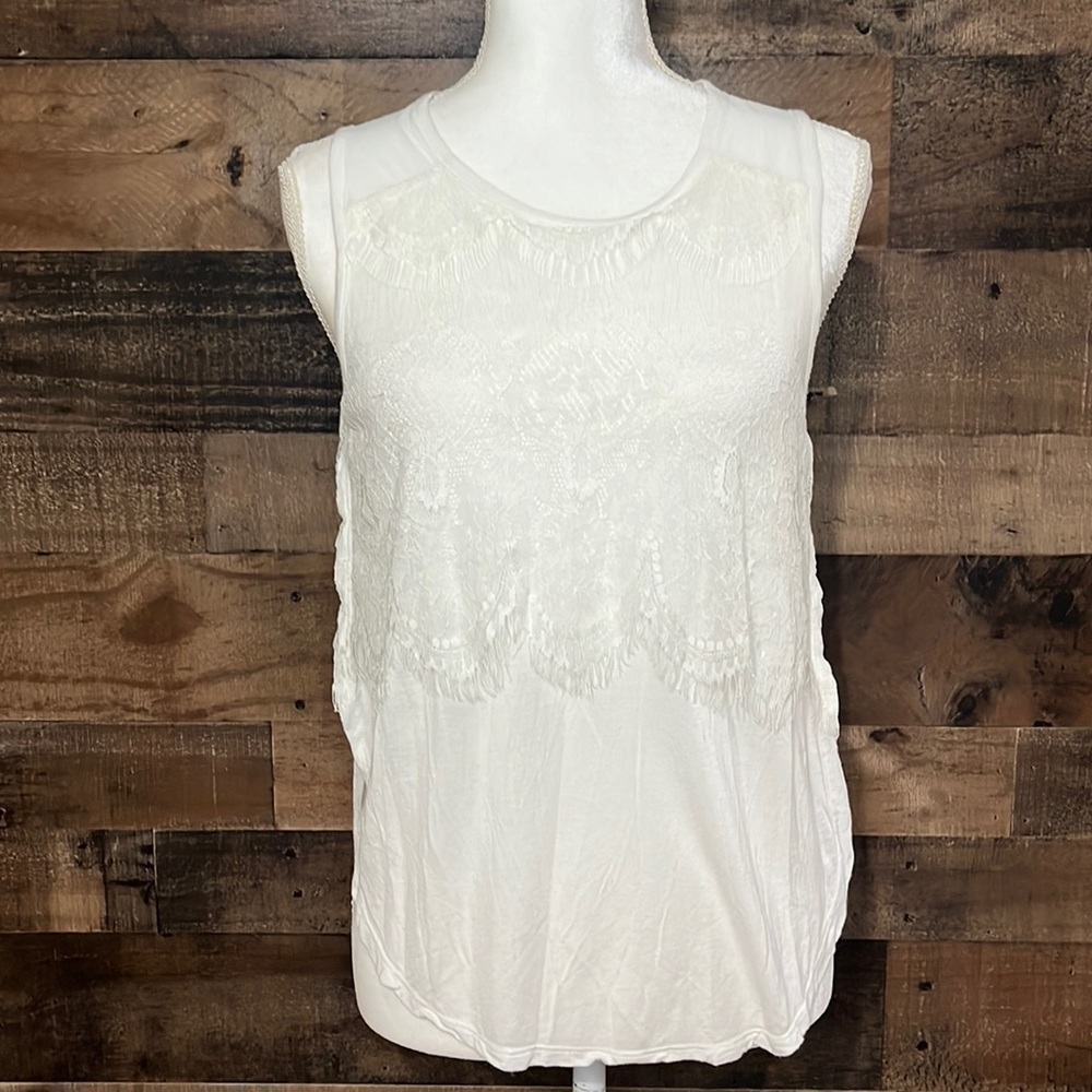 Olive+Oak Lace White Fringe Sheer Tank Top Xs